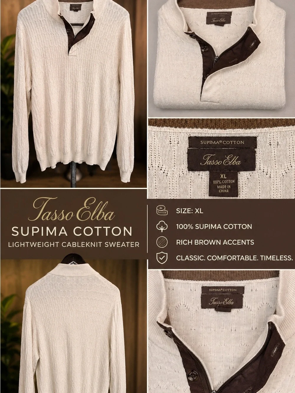Tasso Elba Men’s Supima Cotton Cableknit Sweater - Cream with Brown Accents XL